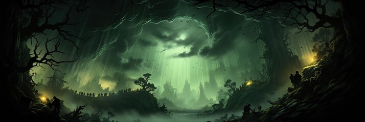 Aufkleber - A mesmerizing painting showcasing a dense forest filled with an abundance of towering trees, creating a breathtaking and lush canopy overhead