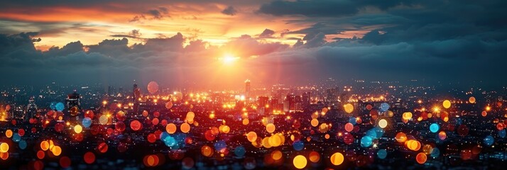 Poster - Panoramic cityscape with vibrant bokeh lights and a dramatic sunset sky.
