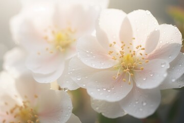 Poster - A cluster of delicate white flowers adorned with shimmering water droplets, catching the light and emanating a sense of freshness and purity