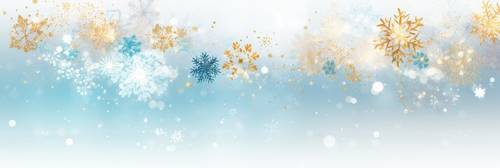 Poster - A mesmerizing blue and gold background adorned with delicate snowflakes, creating a serene and magical winter atmosphere, banner