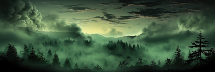 Poster - Green forest illuminated by the light of a full moon, casting its ethereal glow on the trees and foliage below