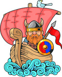 Fototapeta Pokój dzieciecy - medieval Scandinavian viking on a ship, design illustration