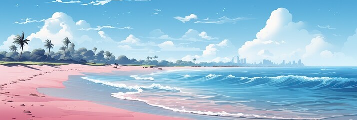 Aufkleber - Serene painting of a beach with footprints imprinted in the golden sand, leading towards the sparkling ocean under a clear blue sky