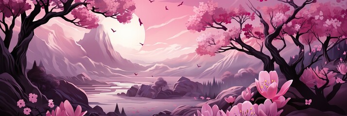 Aufkleber - A vibrant painting showcasing a serene mountain landscape adorned with delicate pink flowers in full bloom
