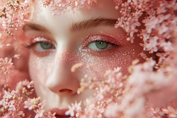 Sticker - A close-up image of a womans face framed by delicate pink flowers, creating a dreamy and enchanting aesthetic. The soft petals contrast beautifully with her features