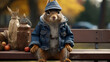 A Squirrel Dressed in a Denim Jacket and Hat.