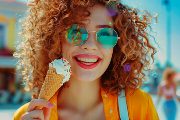 Wall Mural - Portrait of an attractive and happy young woman with curly hairstyle and sunglasses eating an ice cream cone in her hand in the hot summer.