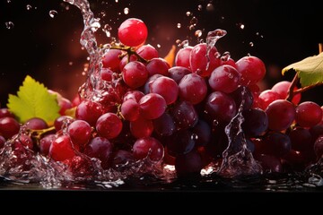 Aufkleber - Juicy bunch of grapes being splashed with water, creating a refreshing and sparkling cascade of droplets