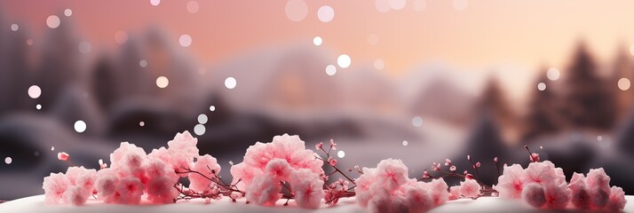 Poster - A tranquil snowy landscape filled with delicate pink flowers blooming near snow-covered trees on a serene winter day