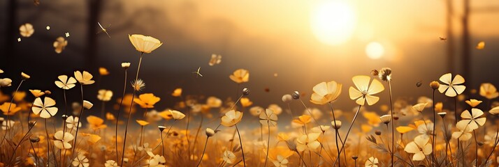 Aufkleber - A vast field of vibrant yellow flowers sways gracefully under the warm glow of the setting sun