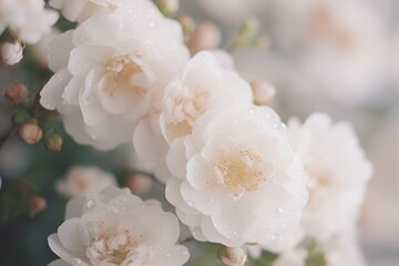 Poster - A cluster of pristine white flowers shimmer in the sunlight, adorned with delicate water droplets that sparkle like diamonds