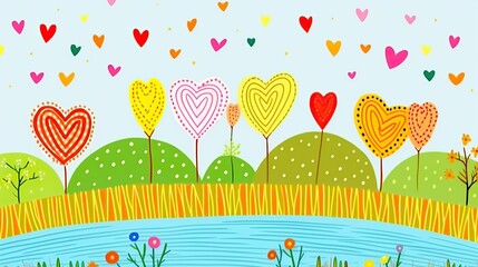 Poster - A mesmerizing painting showing a serene river with delicate hearts floating gently on its surface, creating a feeling of love and tranquility
