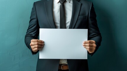 Poster - Corporate man showcasing large blank paper mockup on soft pastel background for text or graphics.