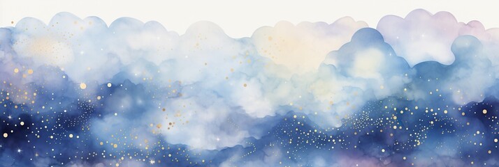 Canvas Print - A mesmerizing painting featuring a serene night sky filled with vibrant blue and white clouds, twinkling stars, and a sense of ethereal calmness