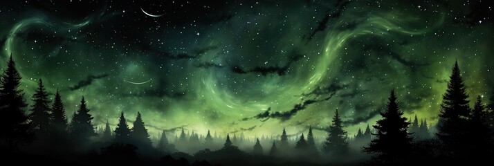 Poster - A mesmerizing painting depicting the vibrant green hues of an aurora borealis illuminating the night sky with its ethereal dance