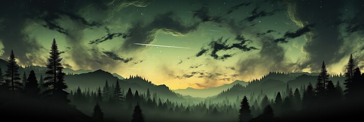 Poster - An enchanting painting portrays a dense forest at night, with tall pines reaching towards a shooting star streaking across the starry sky