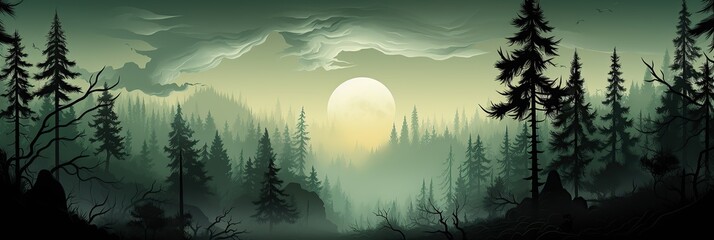 Poster - A serene painting of a dense forest under the mesmerizing glow of a full moon, casting mystical shadows on the tranquil surroundings