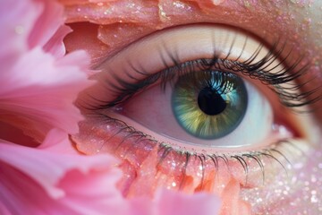 Poster - single eye against a backdrop of delicate pink flowers, creating a mesmerizing and poetic visual contrast