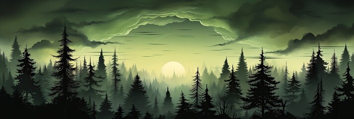 Aufkleber - A magical painting of a dark forest under the night sky, illuminated by the presence of a radiant sun hanging in the heavens
