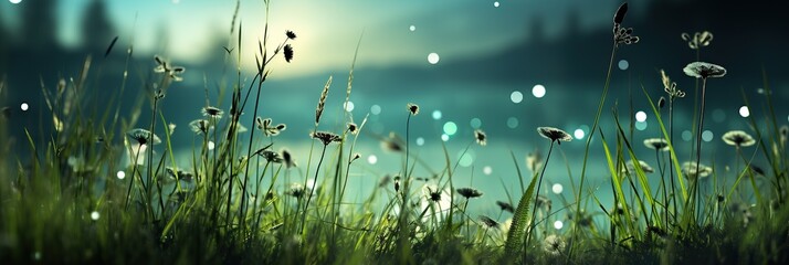Poster - A vast field stretches out with lush green grass swaying gently in the breeze, while in the background, water glistens under the suns warm rays