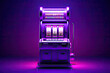 modern slots machine with neon lights isolated on violet background. poker. slot. Casino jackpot