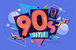 © Elegant Solution - Nineties style vintage banner. 90s flyer with geometric shape. Abstract retro sign for 90 aesthetic party. Background or backdrop for invitation poster. Disco advertising. Decoration in old fashion