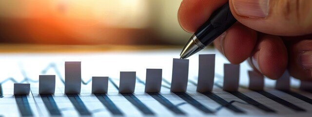 Poster - graph, business, chart, growth, success, analysis, investment, diagram, finance, marketing. close up hand has bar chart summary of years investment, that's diagram inversely proportional bar.