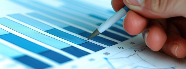Poster - graph, business, chart, growth, success, analysis, investment, diagram, finance, marketing. close up hand has bar chart summary of years investment, that's diagram inversely proportional bar.