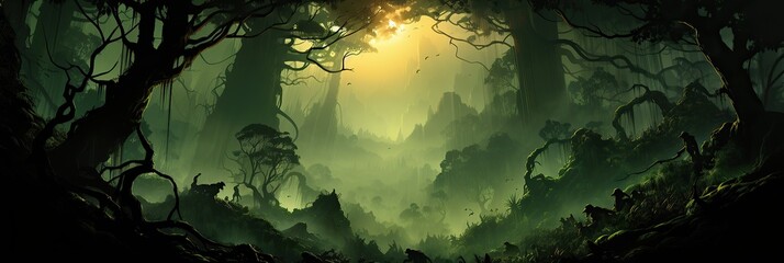 Aufkleber - A vibrant painting of a dense forest with an array of trees in full bloom, showcasing the beauty of nature in all its glory