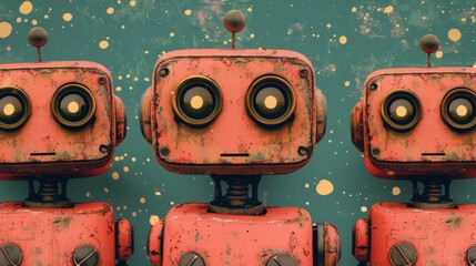 Poster - Cute robots seamlessly arranged on a blue-green background.