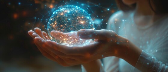 Aufkleber - Virtual reality technology. Woman holding global network connection. Internet communication, wireless connection technology. Polygonal shaped technology.