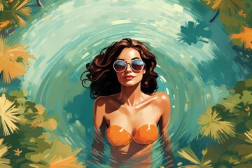Wall Mural - summer girl relax in pool in tropical landscape illustration