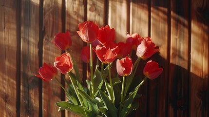 Aufkleber - Spring background! A bouquet of tulips on a wooden background. Valentine's Day, Woman's Day, Mother's Day, Easter greeting card!