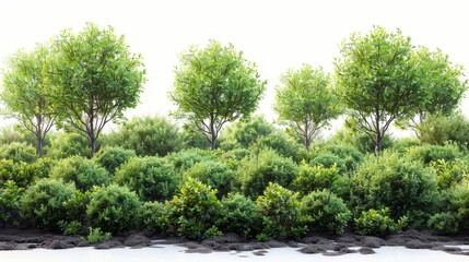Poster - The lush greenery of summer trees isolated on a white background. Rows of trees and shrubs.