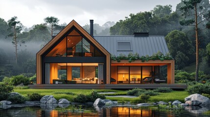 Poster - Eco Friendly Wooden House On Grass - Wooden House In The Green Environment