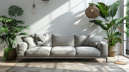 Aufkleber - The interior of a light living room featuring a gray sofa, a standard lamp, and a houseplant
