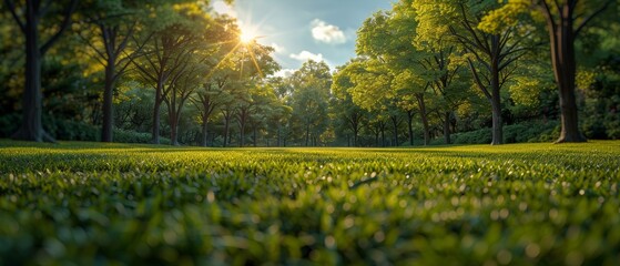 Fototapete - Spring nature blurred background image surrounded by trees and a blue sky with clouds on a bright sunny day.