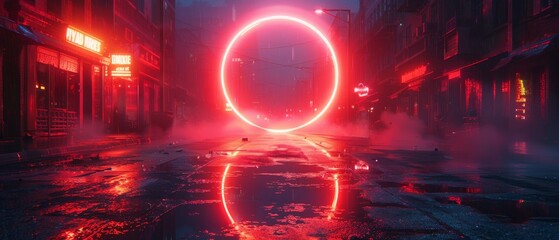 Sticker - An empty dark street, reflected neon light in puddles of night. A neon circle in the center, magical glow from light, rays, and smoke.