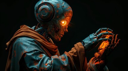 Poster - Concept for artificial intelligence, future technology, and business - robot and human hand with flash light and virtual screen projection.