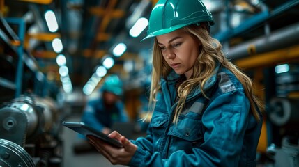 Leinwandbilder - Using a tablet computer, a female project manager and the chief engineer discuss engine design. Industrial engineers and developers work on engine design.
