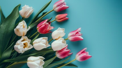 Canvas Print - Photo of a bouquet of white and pink tulips on an isolated pastel blue background with copyspace.