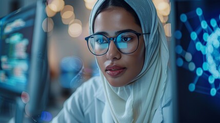 Leinwandbilder - A group of multicultural men and women working in a research center, collaborating and discussing a project, writing advanced software code, and developing artificial intelligence services