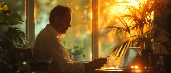 Poster - Corporate executive looking at a digital tablet and talking on his phone through a window
