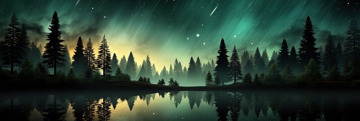 Poster - Majestic trees cast silhouettes over a tranquil lake, reflecting the shimmering stars in the night sky