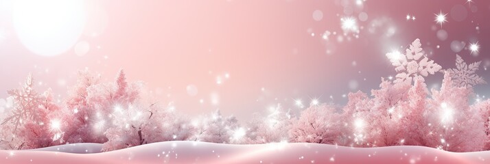 Wall Mural - A serene winter scene unfolds as snowflakes gently fall on a snowy landscape dotted with tall trees