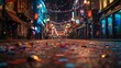 An empty city street early in the morning, with colorful confetti covering the ground after a night of celebrations.