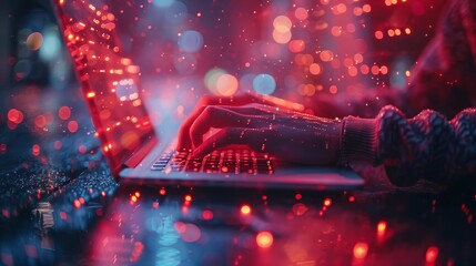 Poster - Technology concept showing a man working on a laptop to handle big data, computer code on a futuristic virtual interface screen, data mining, digital software development, data science.