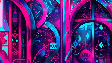 Wall Mural - An Arabesque-inspired illustration with a modern twist, featuring neon accents and vibrant colors, creating a futuristic look.
