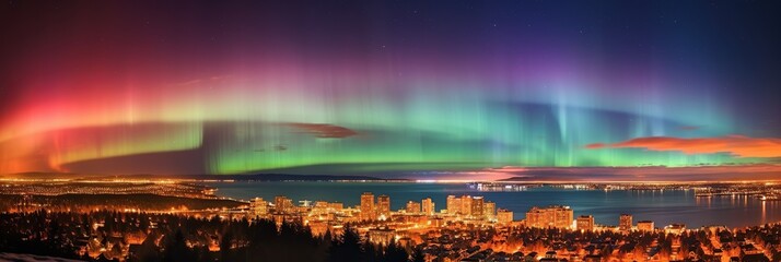 Poster - The magical aurora borealis illuminates the night sky above a bustling city, creating a stunning display of vibrant colors swirling and dancing across the heavens