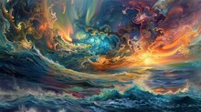 An Ethereal, Vibrant Seascape With Abstract, Swirling Water And Surreal, Floating Marine Life.